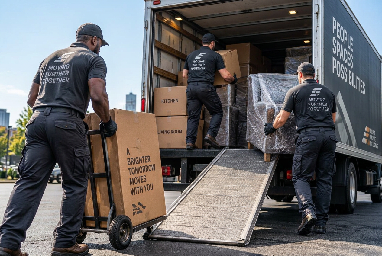 Professional movers loading boxes and furniture into a moving truck at dusk